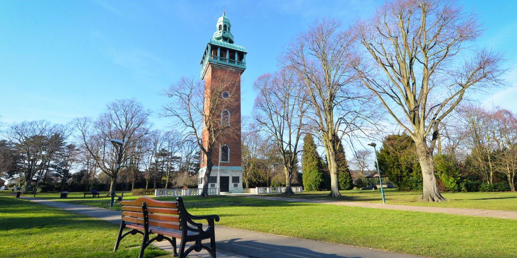 The iconic Carillon Tower, situated in Queen's Park, Loughborough.