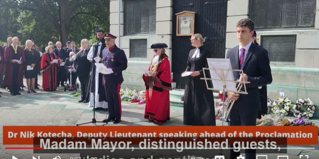 Dr Nik Kotecha, Deputy Lieutenant, for the County of Leicestershire, speaking ahead of the reading of the local Proclamation