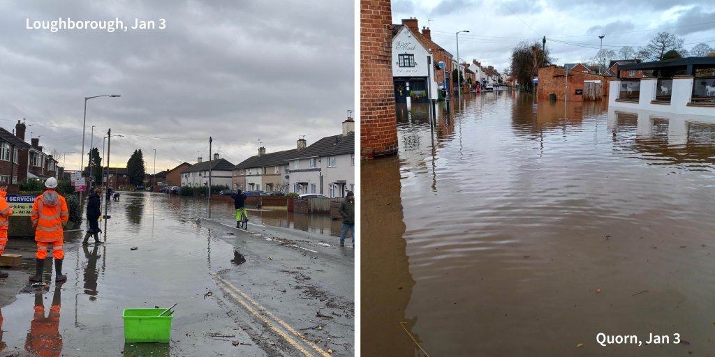 The image shows flooding in Loughborough and Quorn on January 3, 2024
