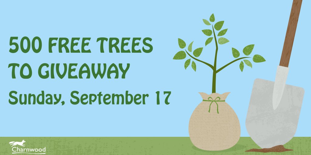 The image shows a spade, sapling and the wording 500 free trees to giveaway, Sunday Sept 17