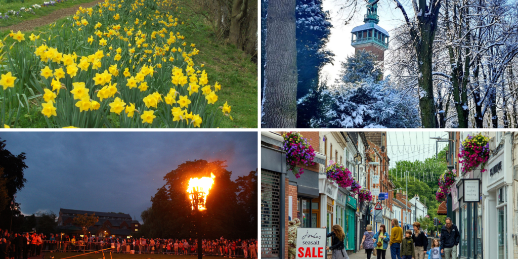Image shows spring bulbs at Forest Road Greenbelt, Lighting of the Beacon in Queen's Park Loughborough, Carillon Tower in Queen's Park and Church Gate