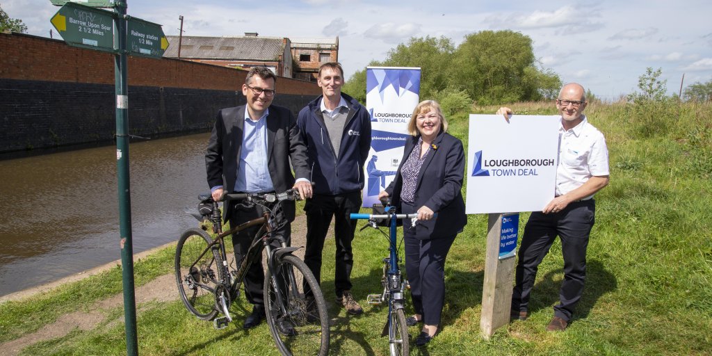From left, Cllr Jonathan Morgan, Loughorough Town Deal co-chair and Leader of Charnwood Borough Council, Phil Mulligan, Regional Director for the Canal & River Trust,  Jane Hunt, MP for Loughborough and Town Deal Board Member, and Alan Leather, from the Canal & River Trust