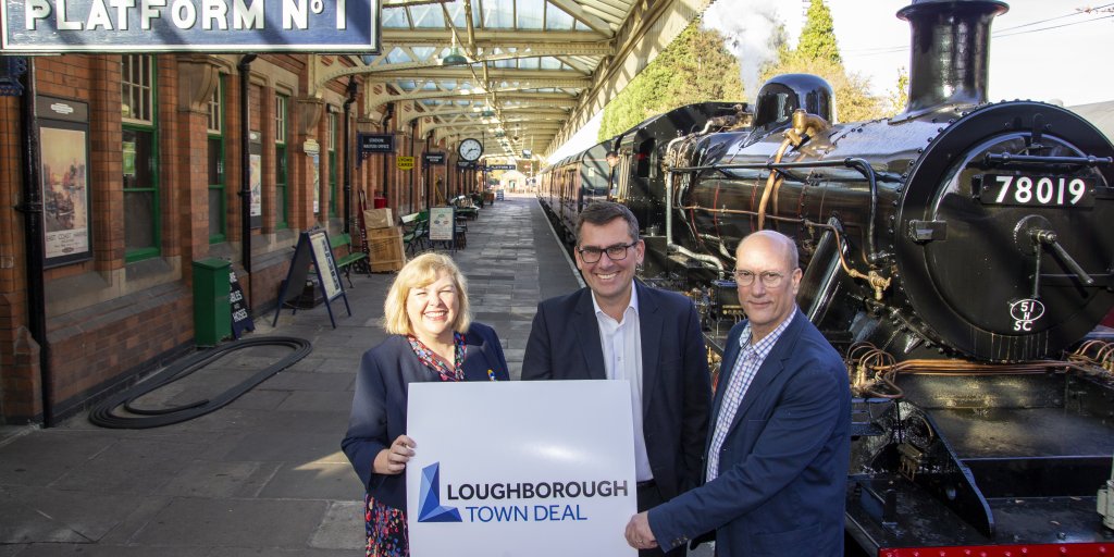 From Left, Jane Hunt, MP for Loughborough, Cllr Jonathan Morgan, co-chair of Loughborough Town Deal and Leader of Charnwood Borough Council, and David Ellard, commercial manager for Great Central Railway