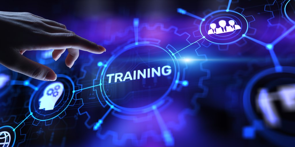 The image shows digital images representing training with the word training within a graphic of a cog