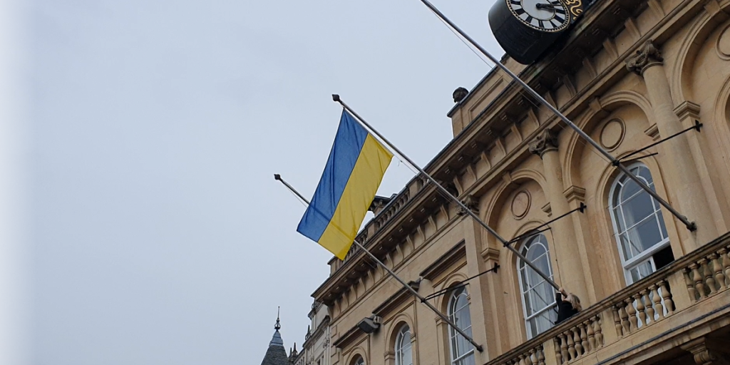 Ukraine flag flying at Loughborough Town Hall in support for Ukraine.
