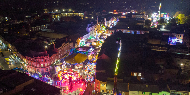 An aerial photograph of Loughborough town centre during the 2021 Loughborough Fair.