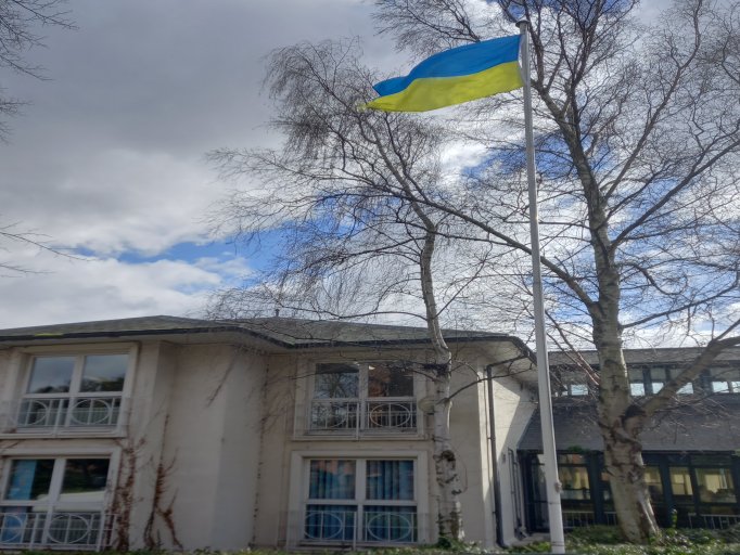 Ukrainian flag flying at the Council offices on February 28, 2022.