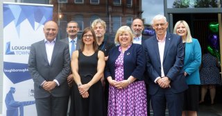 From left, Dr Nik Kotecha OBE DL, Chair of Loughborough Town Deal; Stuart Lindeman, Chair of Governors at Loughborough College; Emma Kendrick, Employer Manager for the DWP; Jamie Perkins - Employment Adviser for the DWP; Jane Hunt, MP for Loughborough; Rob Mitchell, Chief Executive of Charnwood Borough Council; Prof Chris Reilly, lead for the Town Deal funded Healthy and Innovative Loughborough Project hosted at Loughborough University; and Heather Clarke, Deputy Principal at Loughborough College