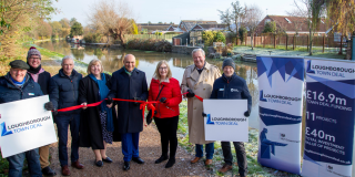 Pictured from left, Richard Erwin-Jones, Canal & River Trust; Chris Grace, Charnwood Borough Council’s Head of Economic Development and Regeneration; David Pagett-Wright, Loughborough Town Deal board member; Jane Hunt, MP for Loughborough and Town Deal board member; Dr Nik Kotecha OBE DL, Chair of the Loughborough Town Deal board; Cllr Jennifer Tillotson, Charnwood Borough Council’s Lead Member for Economic Development, Regeneration and Town Centres and Town Deal board member; Lez Cope Newman, Town Deal board member; and Alan Leather, Canal & River Trust.