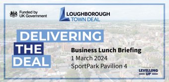 The image shows an aerial view of Loughborough with the wording Delivering the Deal and logos representing UK Government, Levelling Up and Loughborough Town Deal. The wording also includes the date of the event on March 1 at SportPark Pavillion 4.