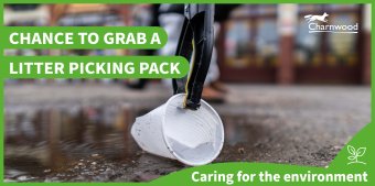 The image shows a plastic cup being picked up and wording on the image says 'chance to grab a litter picking pack'