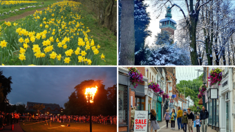 Image shows spring bulbs at Forest Road Greenbelt, Lighting of the Beacon in Queen's Park Loughborough, Carillon Tower in Queen's Park and Church Gate