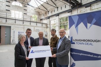 Pictured are Dr Jill Vincent, from the Generator project, Cllr Jonathan Morgan and Dr Nik Kotecha OBE, Loughborough Town Deal co-chairs, and Andy Harper and Roger Perrett, from the Generator project.