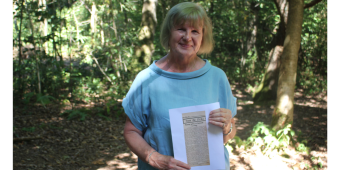 Jane Hollingworth in the Outwoods with her dad's 51-year-old letter.