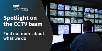 An image showing a man sitting in front of CCTV monitors with the wording: Spotlight on the CCTV team and Find out more about what we do