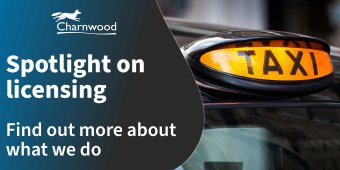 The image shows a taxi sign and the words: Spotlight on licensing, find out more about what we do