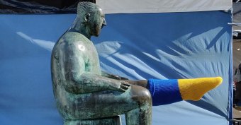 The Sockman statue in Loughborough town centre dressed in a sock of the colours of the Ukraine flag