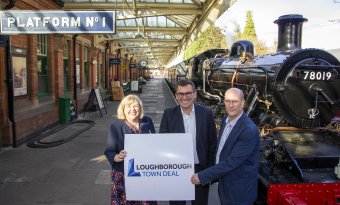 From Left, Jane Hunt, MP for Loughborough, Cllr Jonathan Morgan, co-chair of Loughborough Town Deal and Leader of Charnwood Borough Council, and David Ellard, commercial manager for Great Central Railway