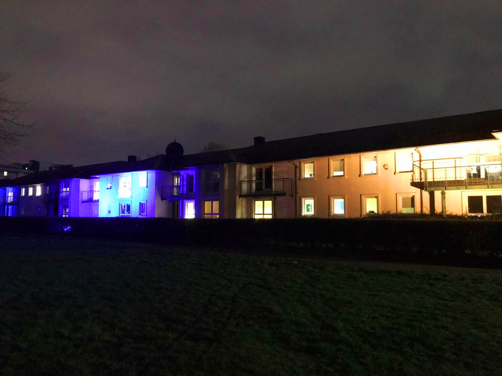 The Council building at Southfields, lit up in blue and yellow in support of Ukraine.