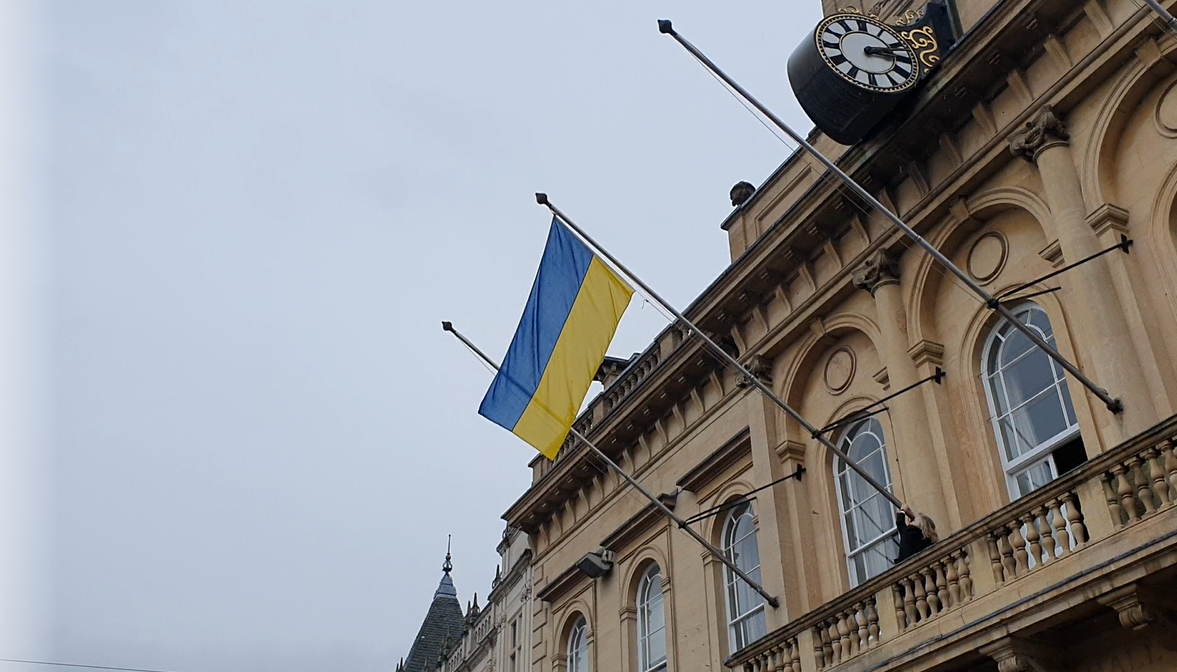 Ukraine flag flying at Loughborough Town Hall in support for Ukraine.